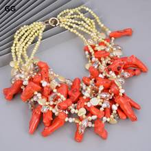 GG Jewelry Natural Cultured Pearl 20" 6 Strands Natural Golen Pearl Orange Corals Crystal Necklace For Women 2024 - buy cheap