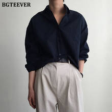 Bgteever blusas femininas vintage de cor sólida, camisas de manga longa para mulheres soltas e com gola virada para baixo, 2020 2024 - compre barato