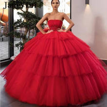 Janevini 2020 elegante princesa vermelho saia em camadas árabe quinceanera vestidos de baile vestido sem alças apliques frisado inchado vestidos de baile 2024 - compre barato