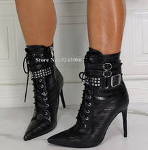 Negro de cuero de cocodrilo de botas de mujer de tobillo nuevo diseño de encaje correas corto botas de moda de tacón Mujer botines 2024 - compra barato