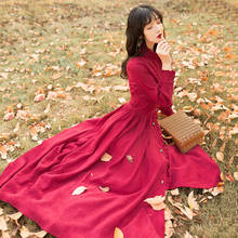 Primavera y otoño ropa de mujer nuevo francés nicho PANA retro rojo vino vestido ceñido en la cintura delgada temperamento largo vestido de cintura alta 2024 - compra barato