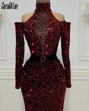 2021 Burgundy Evening Dresses Long Sleeve Gitler Sequin Mermaid Prom Gowns for Women High Neck Party Dress abiti da cerimonia 2024 - buy cheap