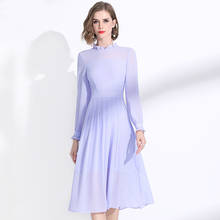 Spring Dresses 2020 Women New Ruffled Stand Collar Long Sleeve Slim A-Line Light Purple Elegant Chiffon Dress Over The Knees XXL 2024 - buy cheap