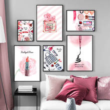 Batom com perfume e flor rosa, fashion, pôster, maquiagem, impressão, tela, pintura de arte, imagem de parede, decoração de casa, quarto de garotas 2024 - compre barato
