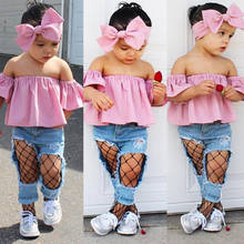 Pudcoco 2020 3PCS Toddler Kids Baby Girls Clothes T-shirt Tops+Denim Fishnet ripped Jeans Pants Outfits Set 2024 - buy cheap