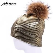 Winter Warm Knitted Metallic Shiny Beanie Hat With Real Fur Pompon Girl Soft Crochet Cute Cap Beanie Windproof Solid Women Hats 2024 - buy cheap