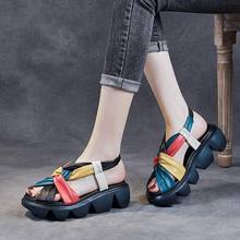 Sandalias de piel auténtica con plataforma para Mujer, zapatos de cuña con banda elástica, colores mezclados, estilo Retro, para verano 2024 - compra barato