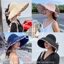 K121-Sombrero de verano para mujer, gorro de Sol de ala grande, UV, con cuerda, Panamá, cola de caballo, playa, 2021 2024 - compra barato