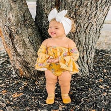 Free shipping Newborn Baby Girls Clothes solid bow Headband off shoulder Flower print Ruffle long sleeve Bodysuit 2pc Outfit 2024 - buy cheap