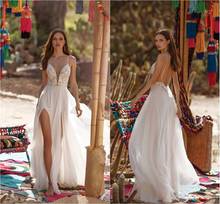 2020 boho vestidos de casamento alta divisão renda applique talão uma linha boêmio vestido de casamento até o chão sexy sem costas robes de mariée 2024 - compre barato