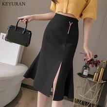 Lady Summer Skirts Plus Size High Waist Womens Elegant Ruffles Split Midi Skirt For Women Stretch Casual Office Mermaid Skirts 2024 - buy cheap