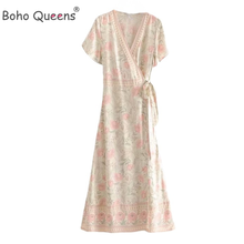 Boho Queens Women Floral Print Cross V-neck Beach Bohemian Wrap Maxi Dress Ladies  Ruffles  Pleated Dresses Vestidos 2024 - buy cheap