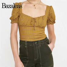 Bazaleas Chic Yellow Tartan Print Cotton ropa mujer Fashion Center Bow blouse women harajuku Vintage Bandage Blouse 2024 - buy cheap