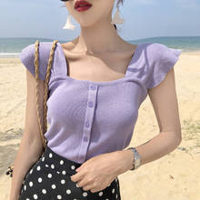 Tingyili regata feminina de malha com gola quadrada, moda coreana, crop top azul, bege, roxo, amarelo, rosa, preto e branco 2024 - compre barato