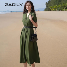 Zadily estilo inglês de manga curta exército verde camisa feminina vestido chique botão acima faixas senhoras meados vestidos 2021 verão a line robe 2024 - compre barato