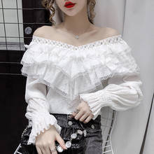 Spring Fall Korean Style Blouse Fashion Sexy Beading Patchwork Lace Ruffles Women Top Ropa Mujer Flare Sleeve Shirt New 2024 - buy cheap