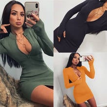 Women Winter Fall Bodycon Ribbed Dress 2021 New Stand Collar Zipper Deep V-neck Solid Stretch Bodycon Pencil Party Mini Vestido 2024 - buy cheap