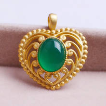 New S925 Silver Ancient Method Inlaid Natural Green Chalcedony Pendant Jewelry Free Necklace Gift Box 2024 - buy cheap