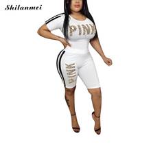 Women Sport Tracksuit Casual Two Piece Sets PINK Letter Print Short Sleeve Crop Top Side Stripe Pants Suit Outfit Matching Set 2024 - buy cheap