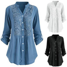 Модная женская кружевная рубашка большого размера с пуговицами и v-образным вырезом, рубашка с длинным рукавом, Однотонная рубашка 2024 - купить недорого