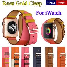 Hebilla de oro rosa para Apple Watch Series 6, 5, 4, 3, 2, 1 SE, 44/40MM, 42/38MM, pulsera de cuero de doble recorrido para iWatch 2024 - compra barato