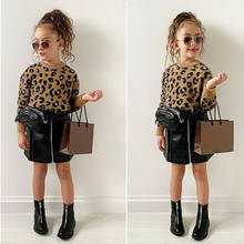 Fashion 2PCS Toddler Kids Baby Girls Clothes Long SLeeve Leopard Sweater Tops +PU Leather Mini Skirt Autumn Outfit Set 2024 - buy cheap