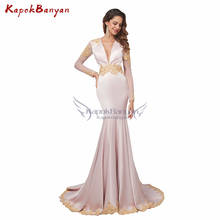 Deep V-neck Long Sleeves Mermaid Prom Dress Gold Lace Applique Pink Backless Evening Party Gown 2024 - buy cheap