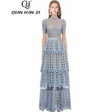 Qian Han Zi 2019 designer fashion runway Maxi dress Women's Short Sleeve Hollow Out Embroidered Lace Elegant Long Party Dresses 2024 - buy cheap