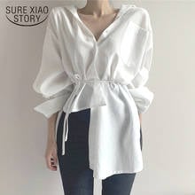 Cárdigan de manga larga con cuello en V para mujer, camisa informal con botones, blusa blanca con cordones, Tops blancos irregulares coreanos para mujer 11677 2024 - compra barato