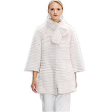 Popular women knitted mink fur coat jacket authentic style stripes fashion fur coat 75cm length 2024 - compre barato