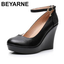 BEYARNE Fashion Ankle Strap High Wedge Platform Pumps For Women Casual Genuine Leather Black Work Shoes High Heels 2024 - buy cheap