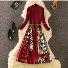 Высококачественное дизайнерское Женское зимнее платье с длинным рукавом, модное трикотажное платье-свитер в стиле пэчворк, винтажное плиссированное платье миди с принтом 2024 - купить недорого