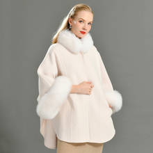 Capa de caxemira feminina de inverno, capa elegante casual de lã com face dupla xale, casaco com guarnição de pele de raposa de luxo para outono e inverno 2024 - compre barato