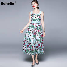 Banulin Fashion Runway Summer Sexy Spaghetti Strap Dress Women Floral Print Vintage Sleeveless Elegant Holiday Long Dress 2024 - buy cheap