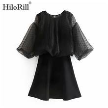 HiloRill Patchwork Mini Dress Women A Line Puff Sleeve Stylish Transparent Dress Ladies O Neck Black Holiday Dress Sundress 2024 - buy cheap