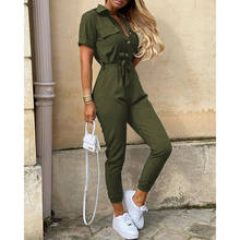 STYLISH LADY Button Lapel Jumpsuits 2020 Summmer Women Short Sleeve Bodycon Bandage Sash Pocket Casual Street Cargo Overalls 2024 - buy cheap