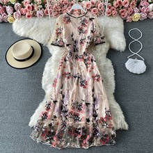 Women's spring summer runway fashion flower embroidery mesh dress female short sleeve chic travel vintage mesh dress TB1473 2024 - buy cheap