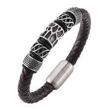 Vintage jóias marrom trançado pulseira de couro masculino aço inoxidável fivela magnética punk couro corda mão pulseira pd0151 2024 - compre barato