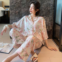 2021 novo 2 peça de seda cetim conjuntos de pijama de luxo feminino novo floral impresso feminino camisola femme sleepwear senhoras casa roupas 2024 - compre barato