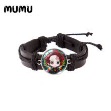 Pulsera de cuero de Demon Slayer para hombre y mujer, brazalete de cuero con cúpula de cristal redonda, joyería hecha a mano, regalos, No Yaiba Kimetsu, novedad de 2021 2024 - compra barato