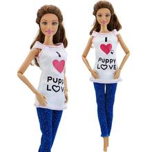 Fashion 1 Set Casual Daily Wear Heart-shaped Printed T-shirt Tops Blue Sequin Pants Clothes Accessories for Barbie Doll Kids Toy 2024 - buy cheap