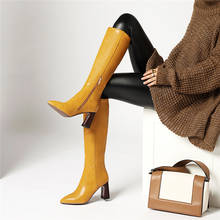 YMECHIC-Botas hasta la rodilla para mujer, zapatos de tacón alto con punta puntiaguda, botas largas de invierno, color amarillo, azul y negro 2024 - compra barato
