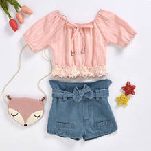 1-5Years 2PCS Toddler Baby Kids Girls Off Shoulder T-shirts Tops+ Denim Shorts Outfits 2024 - buy cheap