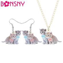 Bonsny conjunto de jóias de acrílico duplo laço gato gatinho brinco decoração joias para mulheres meninas adolescentes presente charmoso 2024 - compre barato