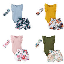 Комплект одежды для новорожденных девочек из 3 предметов: комбинезон с рукавами-летячими буквами + шорты + повязка на голову, комплект для маленьких девочек 2024 - купить недорого