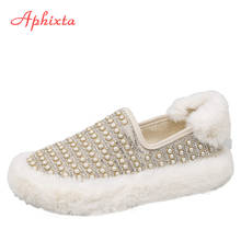 Aphixta Peral Fur Loafers Ladies Winter Warm Shoes 2019 Crystal Flats Ballerinas Shoes For Women Plush Flat Heel Shoes Woman 2024 - buy cheap