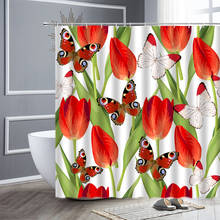 Cortinas de banho de tulipas florais, flores vermelhas, folhas verdes, planta, borboleta, paisagem natural, tecido à prova d'água, conjunto de cortina de decoração de banheiro 2024 - compre barato