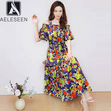 AELESEEN-vestido de algodón 100% de alta calidad para mujer, vestido largo con hombros descubiertos y estampado de flores, cintura elástica con volantes, 2021 2024 - compra barato