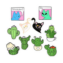 Cartoon animation kitten Enamel Brooch Cute cat face cactus Potted plant Lapel Pin How are you？ Cats Custom Badge gifts 2024 - buy cheap