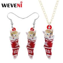 WEVENI Acrylic Christmas Sock Short Hair Cat Kitten Jewelry Sets Necklace Earrings Animal Jewelry For Women Girl Teen Party Gift 2024 - buy cheap